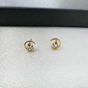 Small CZ Moon Cat Stud Earrings for Women